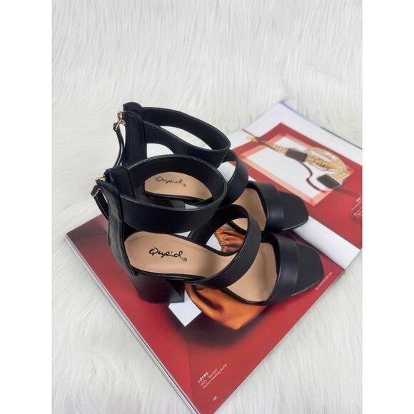 Women's Qupid Dorcas Faux Leather Multi Strap Block Heel Sandals Black - Picture 4 of 12